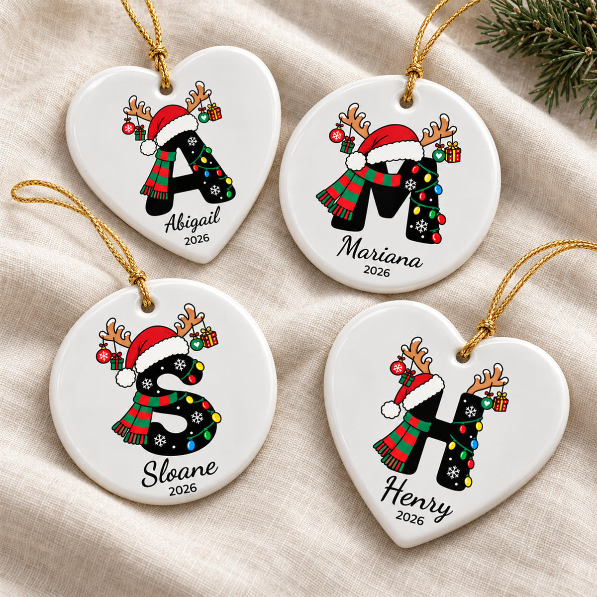 Personalized Monogram Christmas Ornament with Name - Custom Ceramic Ornament - Letter A-Z Round or Heart Shape