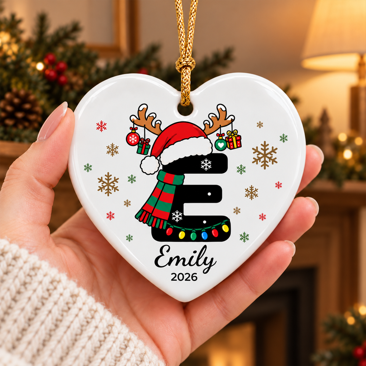 Personalized Monogram Christmas Ornament with Name - Custom Ceramic Ornament - Letter A-Z Round or Heart Shape