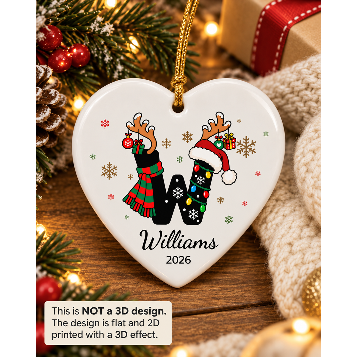 Personalized Monogram Christmas Ornament with Name - Custom Ceramic Ornament - Letter A-Z Round or Heart Shape