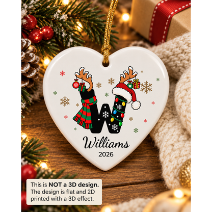 Personalized Monogram Christmas Ornament with Name - Custom Ceramic Ornament - Letter A-Z Round or Heart Shape