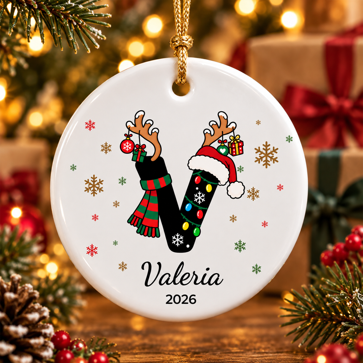 Personalized Monogram Christmas Ornament with Name - Custom Ceramic Ornament - Letter A-Z Round or Heart Shape