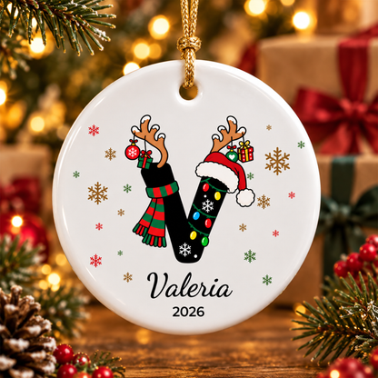 Personalized Monogram Christmas Ornament with Name - Custom Ceramic Ornament - Letter A-Z Round or Heart Shape