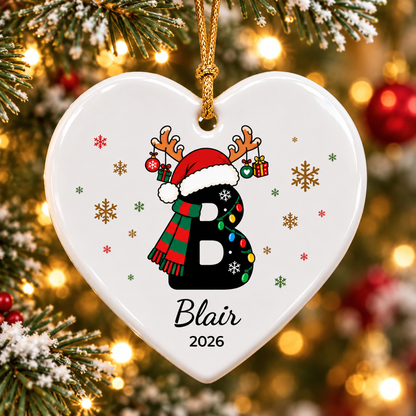 Personalized Monogram Christmas Ornament with Name - Custom Ceramic Ornament - Letter A-Z Round or Heart Shape