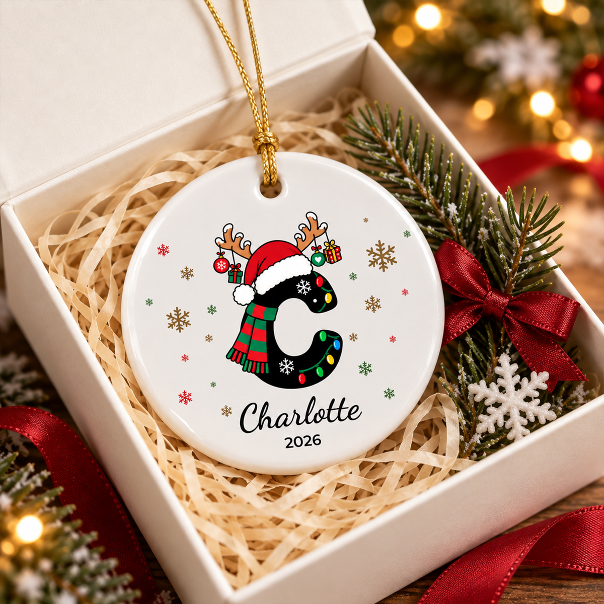 Personalized Monogram Christmas Ornament with Name - Custom Ceramic Ornament - Letter A-Z Round or Heart Shape