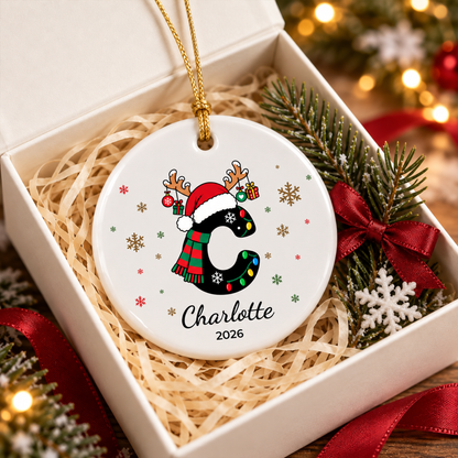 Personalized Monogram Christmas Ornament with Name - Custom Ceramic Ornament - Letter A-Z Round or Heart Shape
