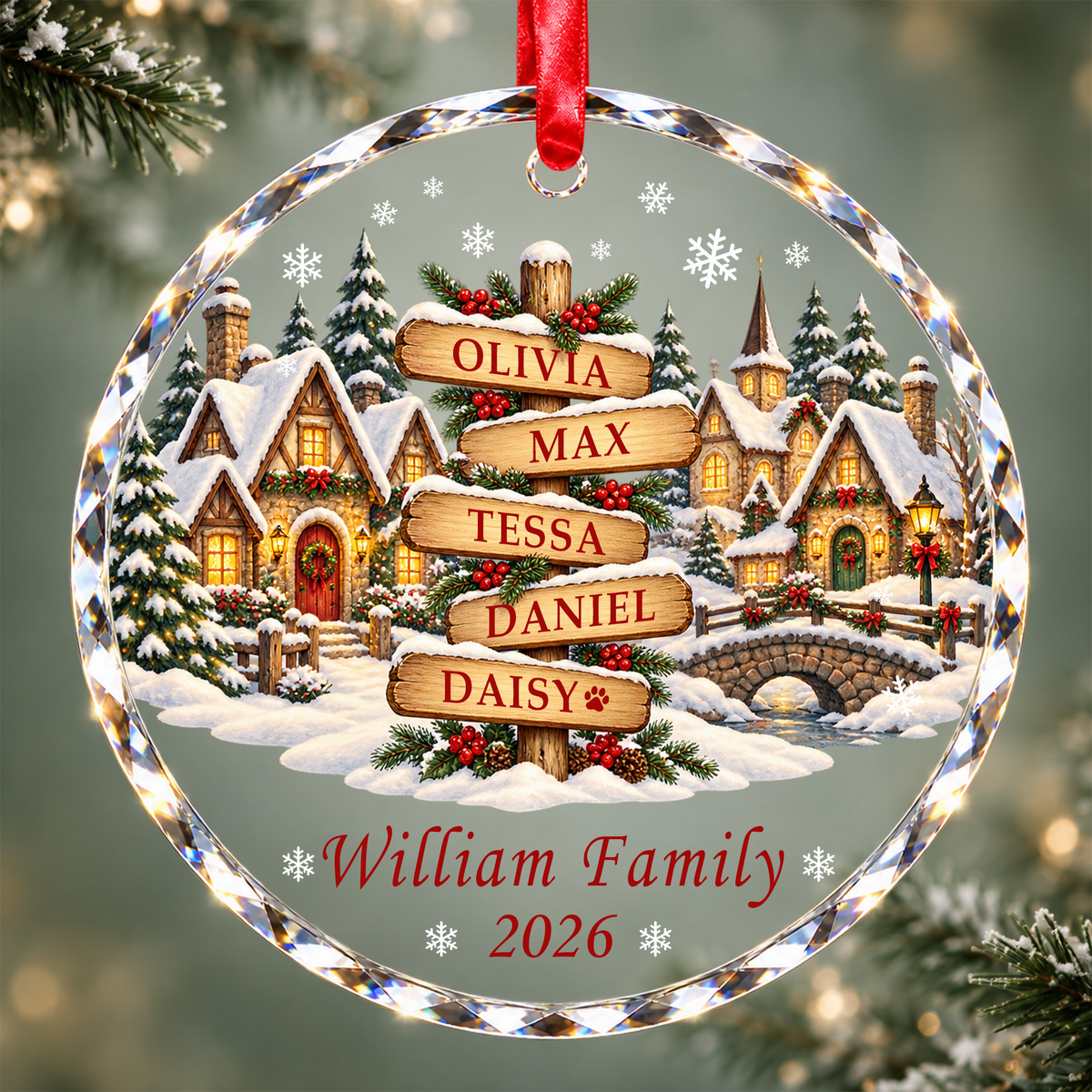 Personalized Family Ornament with Names - Custom Glass Christmas Ornament - Snowy Village Round or Heart Shape
