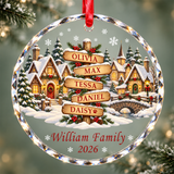Personalized Family Ornament with Names - Custom Glass Christmas Ornament - Snowy Village Round or Heart Shape
