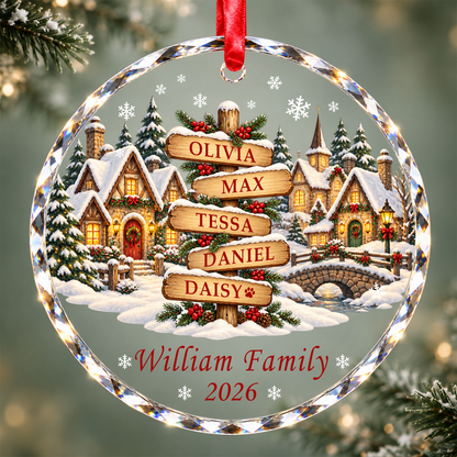 Personalized Family Ornament with Names - Custom Glass Christmas Ornament - Snowy Village Round or Heart Shape