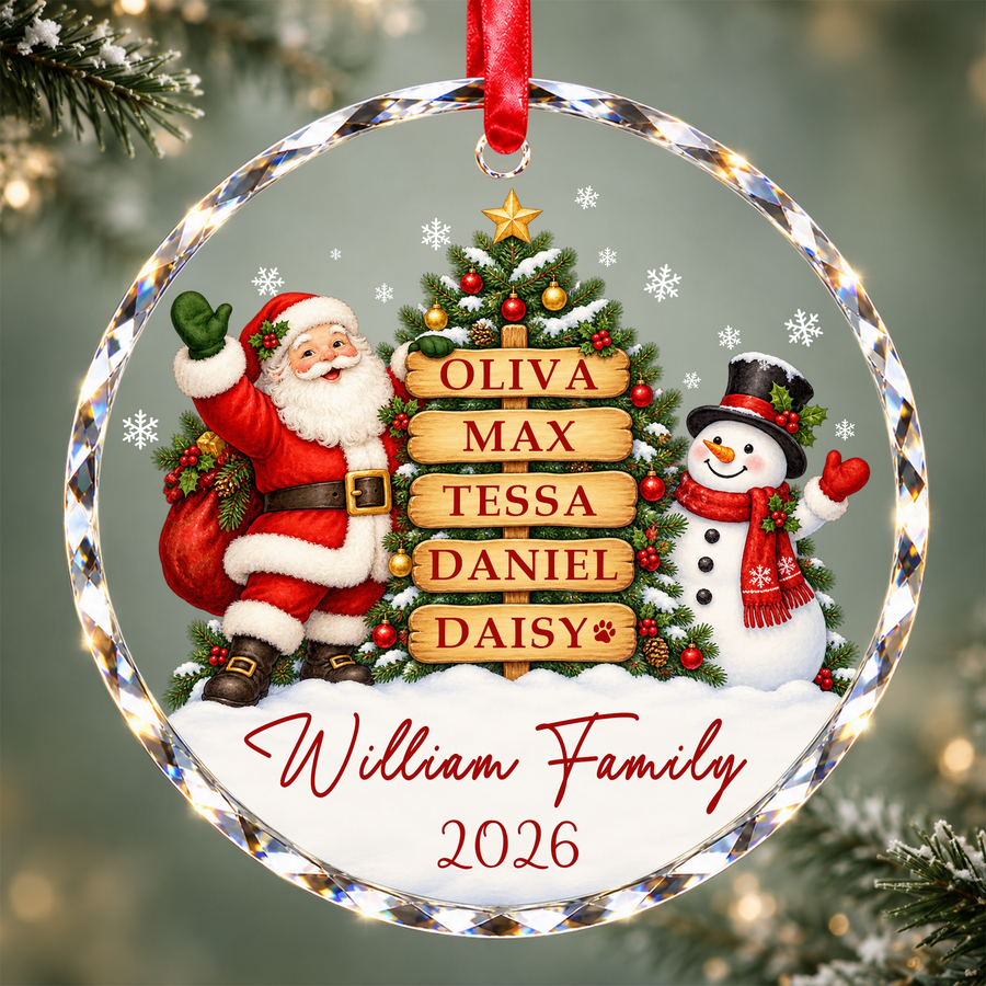 Custom Family Christmas Ornament with Names - Personalized Glass Ornament - Santa Snowman Tree Round or Heart