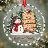 Personalized Snowman Christmas Ornament with Family Names - Custom Glass Ornament - Round or Heart Shape