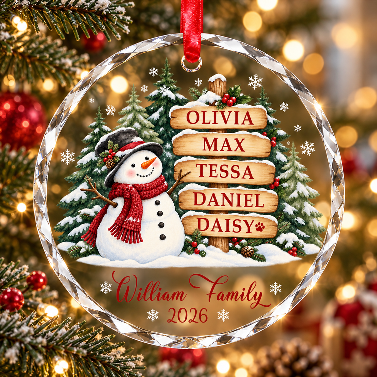Personalized Snowman Christmas Ornament with Family Names - Custom Glass Ornament - Round or Heart Shape