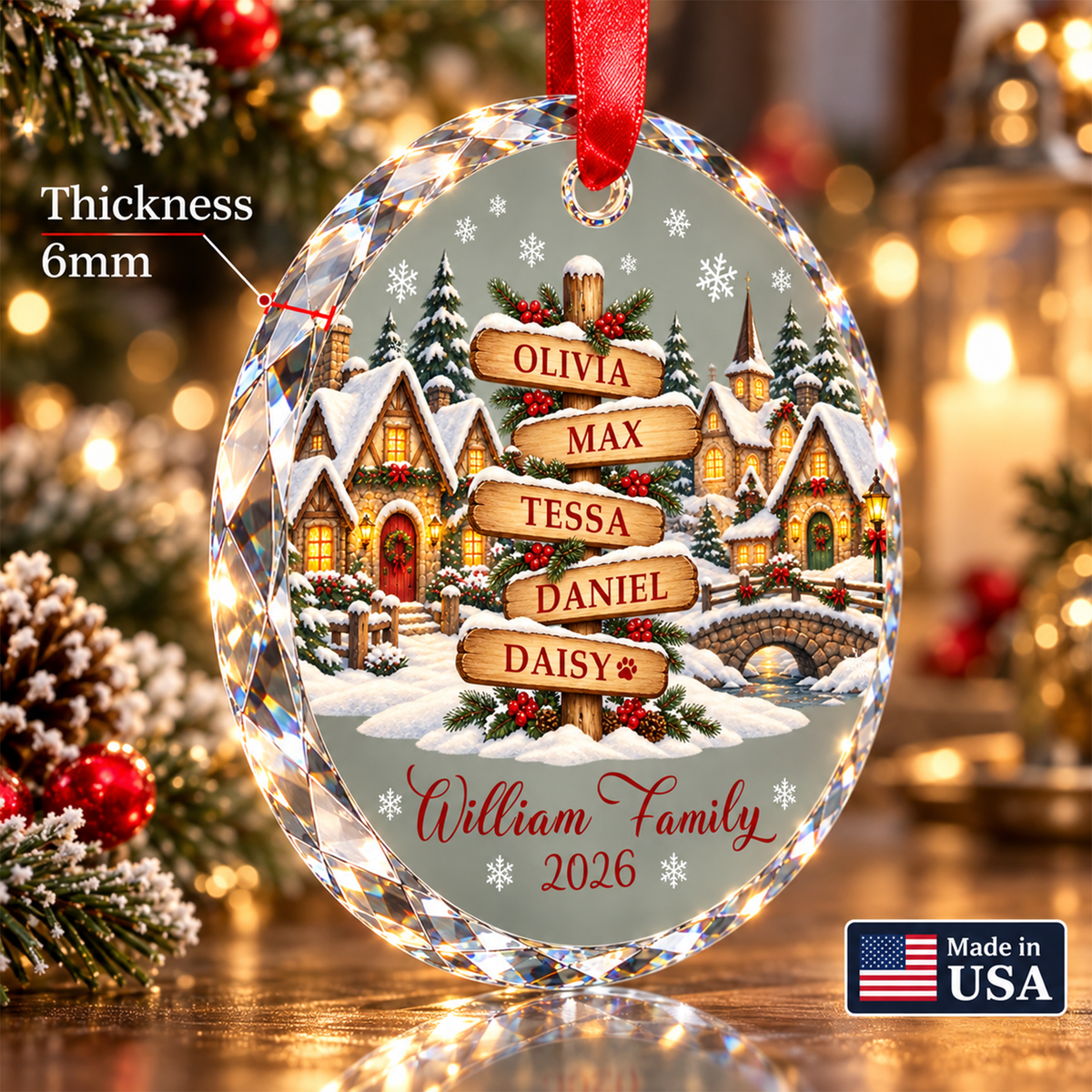 Family Tree Christmas Ornament with Names - Personalized Glass Ornament - Decorated Tree Red Signs Round or Heart
