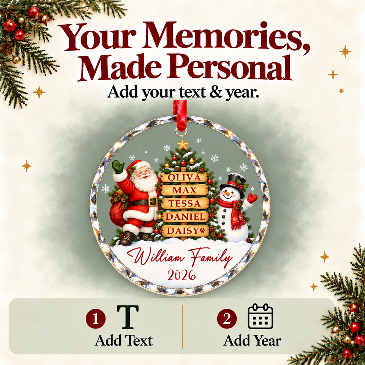 Personalized Snowman Christmas Ornament with Family Names - Custom Glass Ornament - Round or Heart Shape