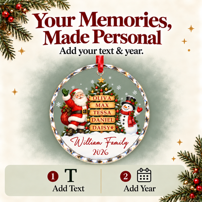 Personalized Snowman Christmas Ornament with Family Names - Custom Glass Ornament - Round or Heart Shape
