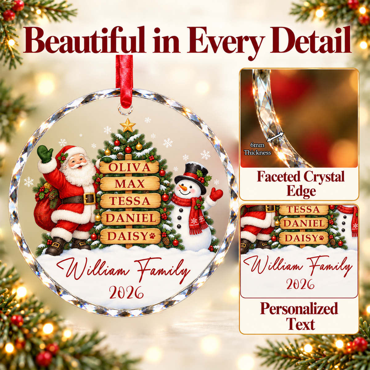 Personalized Family Ornament with Names - Custom Glass Christmas Ornament - Snowy Village Round or Heart Shape