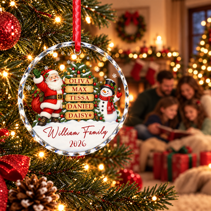 Personalized Family Ornament with Names - Custom Glass Christmas Ornament - Snowy Village Round or Heart Shape