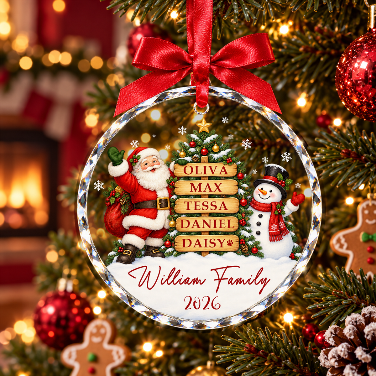 Family Tree Christmas Ornament with Names - Personalized Glass Ornament - Decorated Tree Red Signs Round or Heart