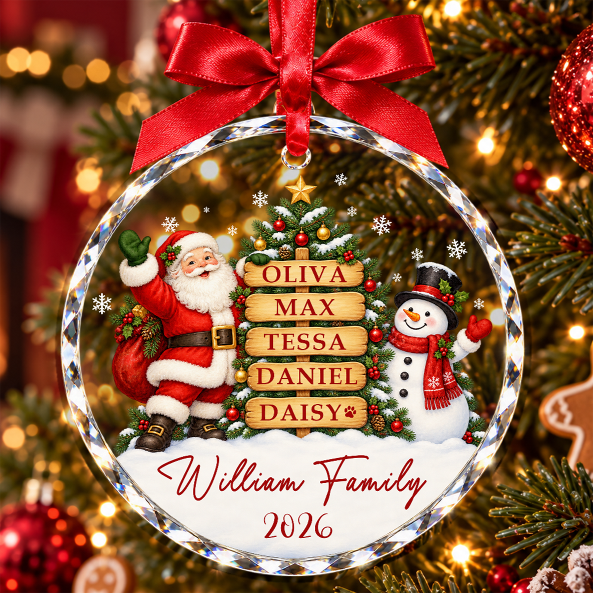 Personalized Family Ornament with Names - Custom Glass Christmas Ornament - Snowy Village Round or Heart Shape