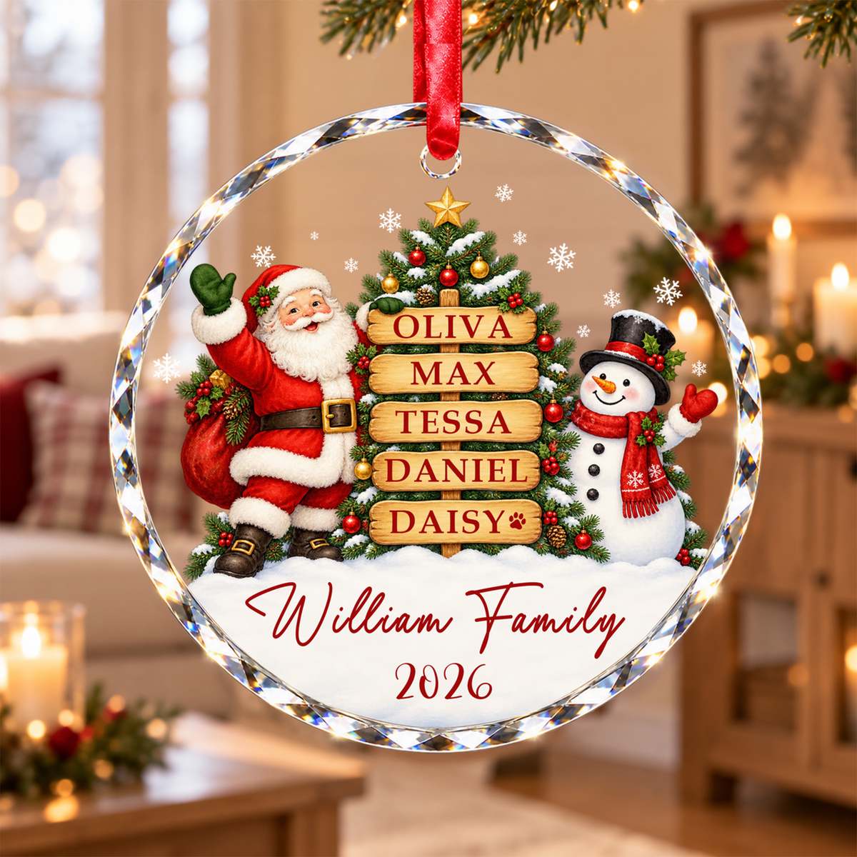 Custom Family Christmas Ornament with Names - Personalized Glass Ornament - Santa Snowman Tree Round or Heart