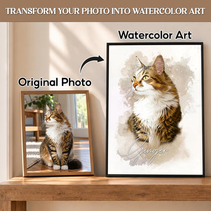 Custom Watercolor Cat Portrait from Photo with Name Canvas - Personalized Wall Art