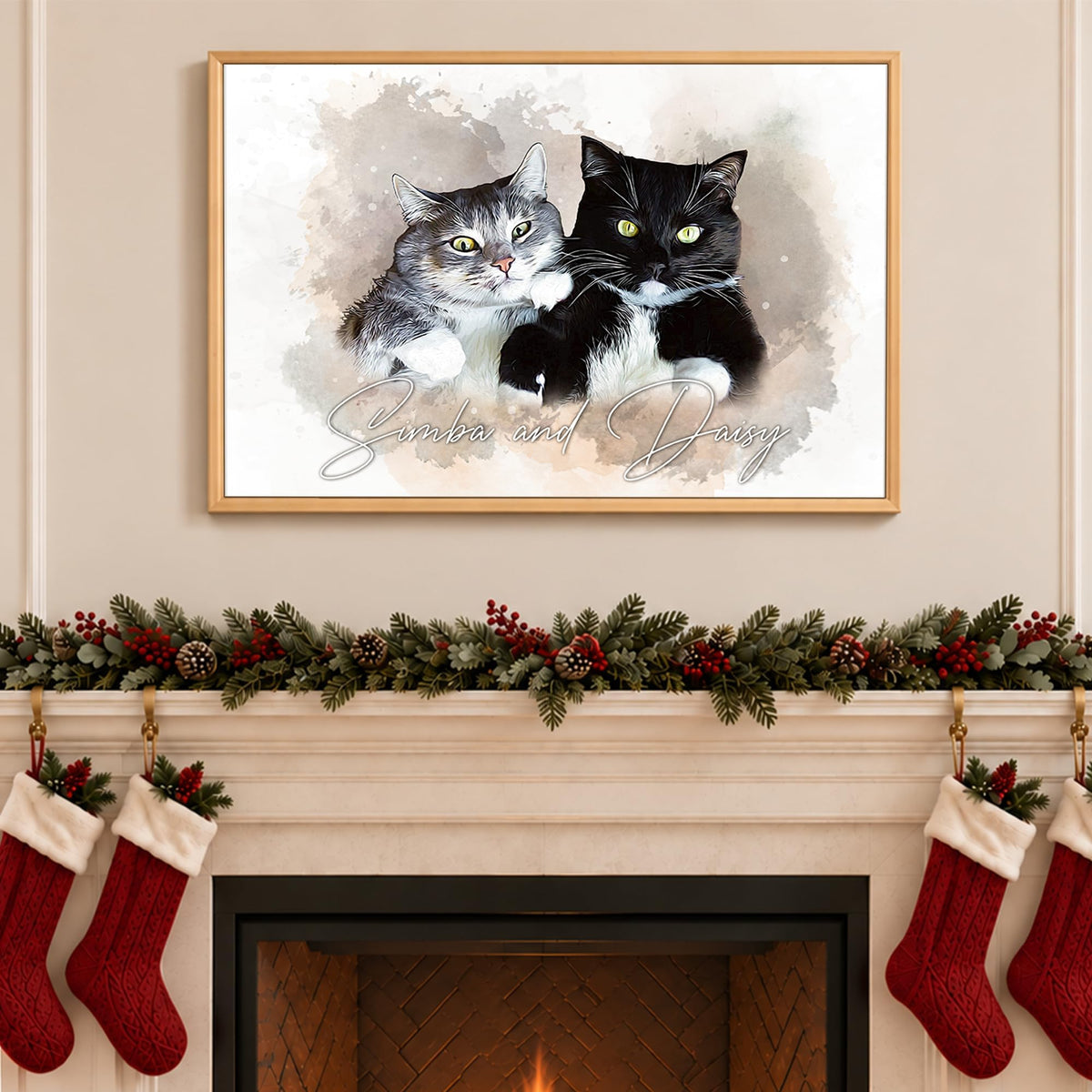 Custom Watercolor Cat Portrait from Photo with Name Canvas - Personalized Wall Art