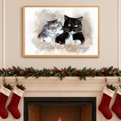 Custom Watercolor Cat Portrait from Photo with Name Canvas - Personalized Wall Art