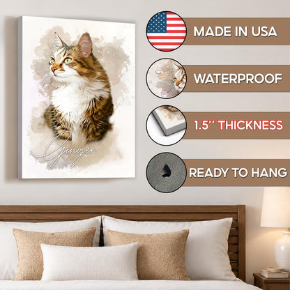 Custom Watercolor Cat Portrait from Photo with Name Canvas - Personalized Wall Art