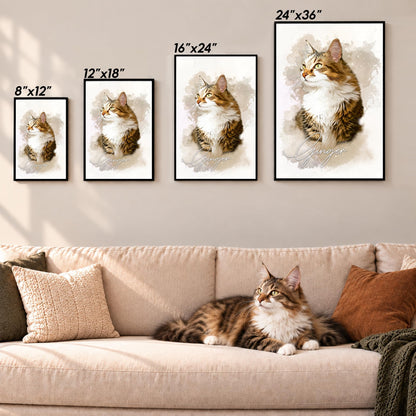 Custom Watercolor Cat Portrait from Photo with Name Canvas - Personalized Wall Art
