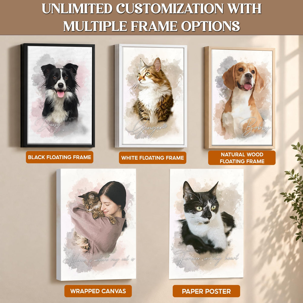Custom Watercolor Cat Portrait from Photo with Name Canvas - Personalized Wall Art