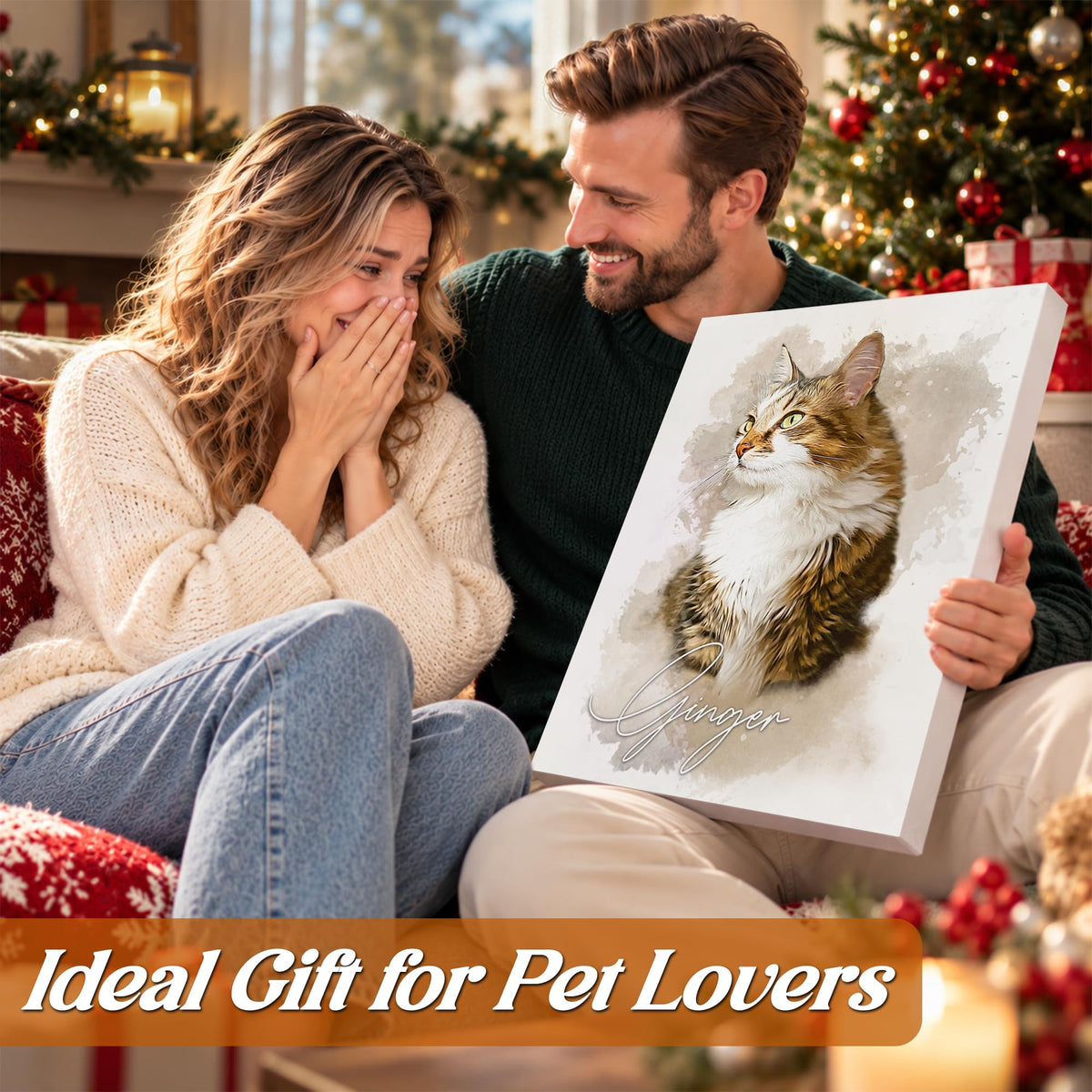 Custom Watercolor Cat Portrait from Photo with Name Canvas - Personalized Wall Art