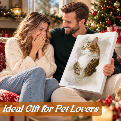 Custom Watercolor Cat Portrait from Photo with Name Canvas - Personalized Wall Art