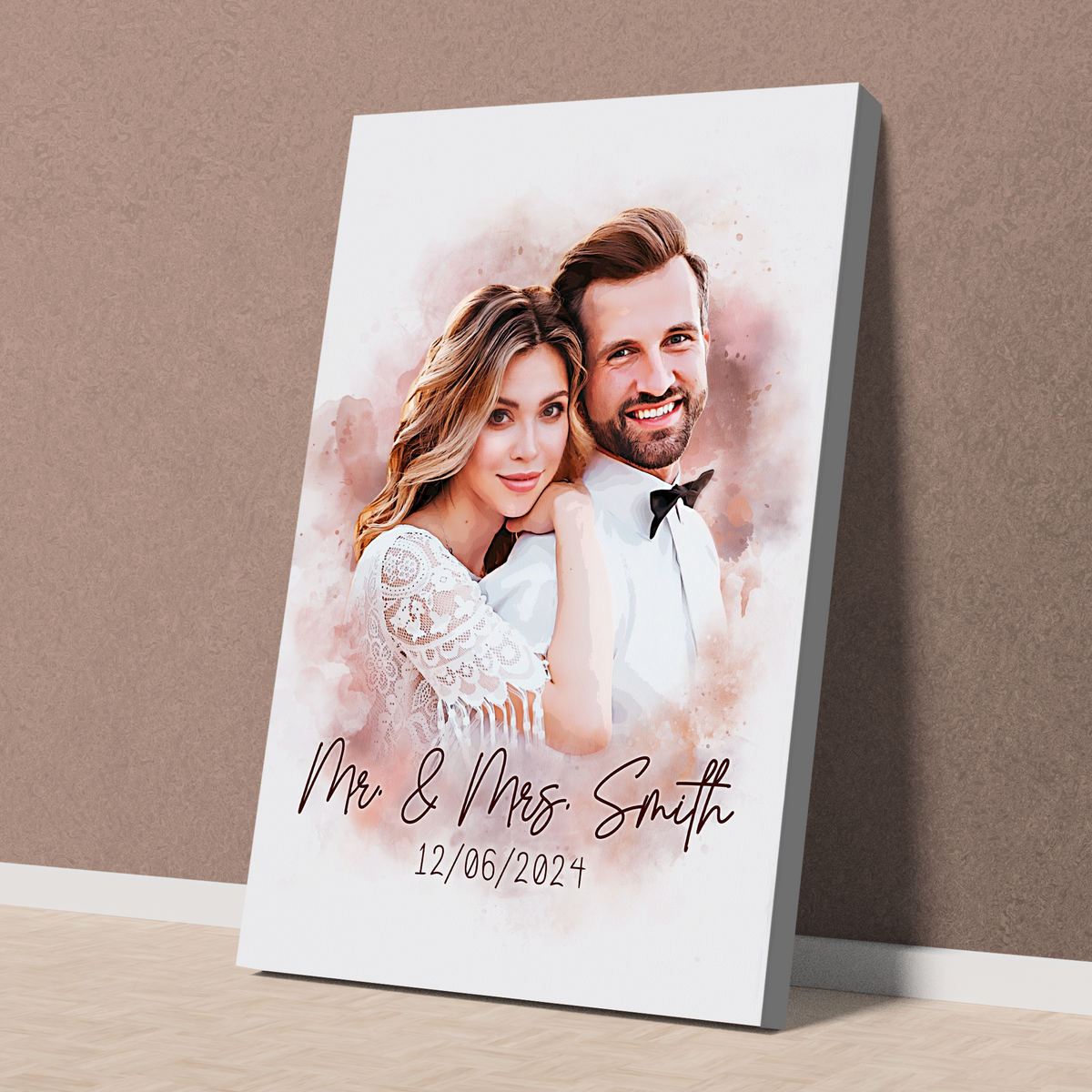 Personalized Watercolor Couple Portrait Canvas - Custom “Mr & Mrs” Wedding Portrait with Date - Meaningful Anniversary Gift