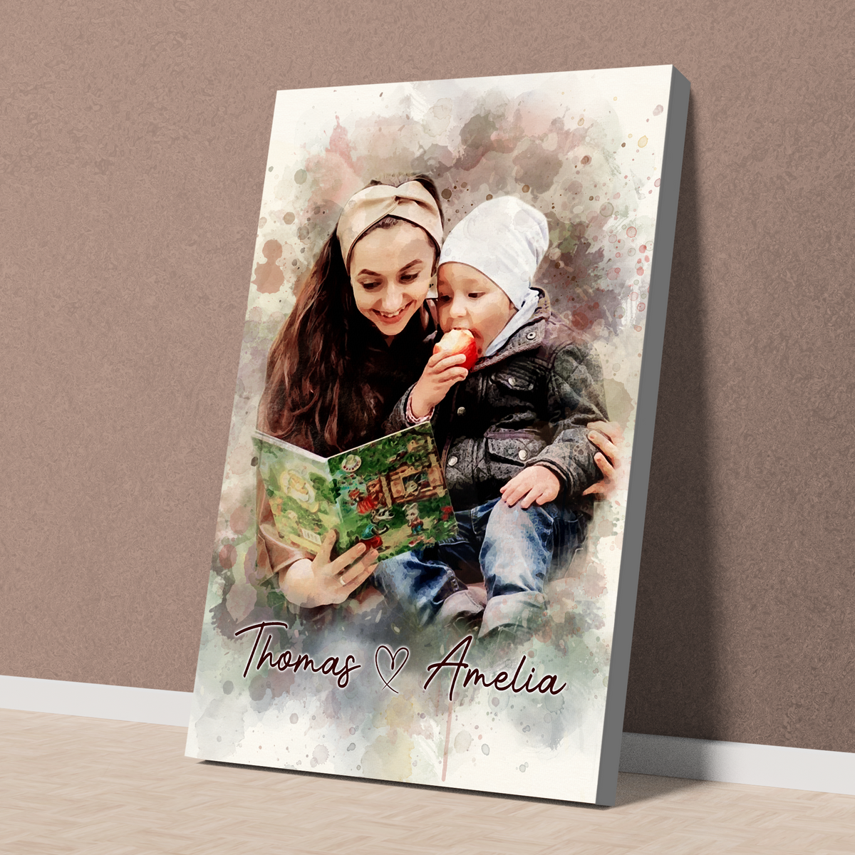 Custom Photo Watercolor Mom and Daughter Portrait with Text Canvas - Personalized Wall Art