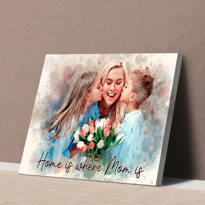 Custom Photo Watercolor Mom and Daughter Portrait with Text Canvas - Personalized Wall Art