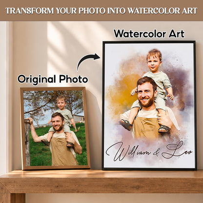 Custom Photo Watercolor Portrait Dad and Kids with Names Canvas - Personalized Wall Art