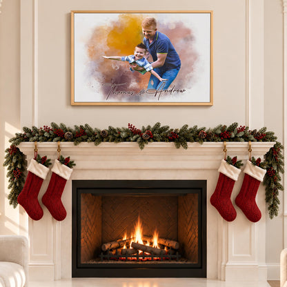 Custom Photo Watercolor Portrait Dad and Kids with Names Canvas - Personalized Wall Art
