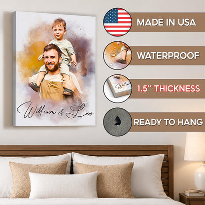 Custom Photo Watercolor Portrait Dad and Kids with Names Canvas - Personalized Wall Art