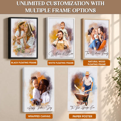 Custom Photo Watercolor Portrait Dad and Kids with Names Canvas - Personalized Wall Art
