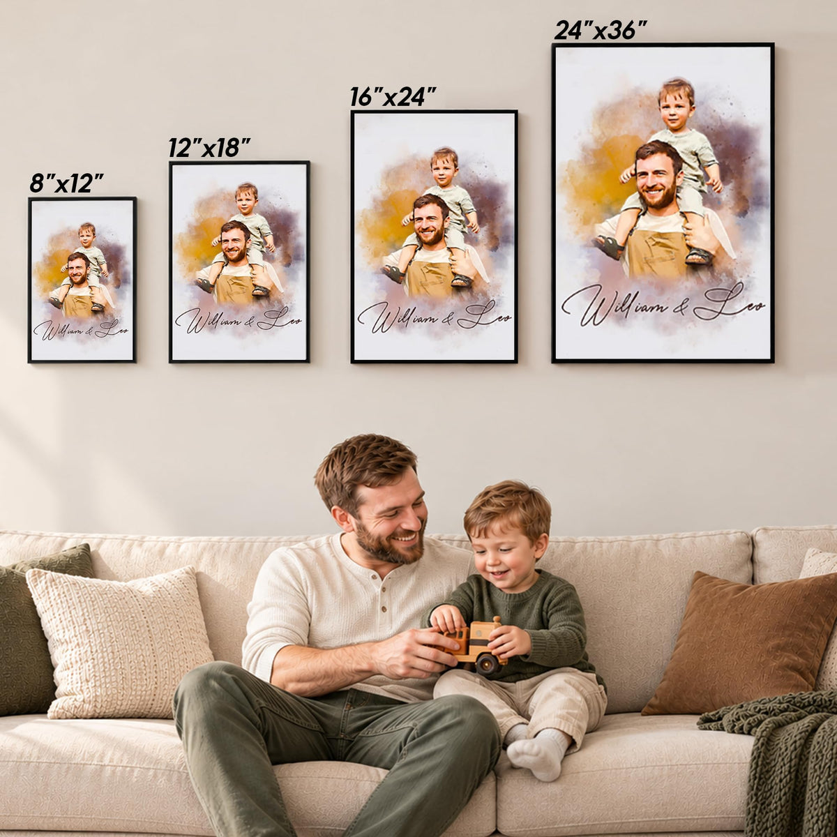 Custom Photo Watercolor Portrait Dad and Kids with Names Canvas - Personalized Wall Art