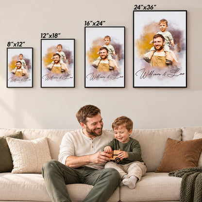 Custom Photo Watercolor Portrait Dad and Kids with Names Canvas - Personalized Wall Art