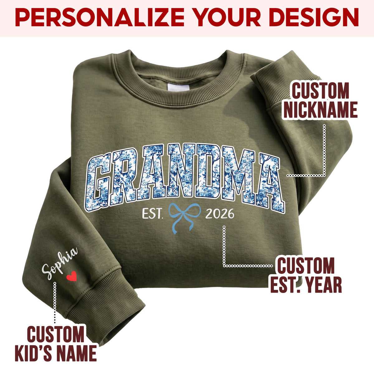 Personalized Grandma Blue Floral Sweatshirt with Grandkids Names - Custom Grandma Sweatshirt