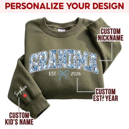 Personalized Grandma Blue Floral Sweatshirt with Grandkids Names - Custom Grandma Sweatshirt