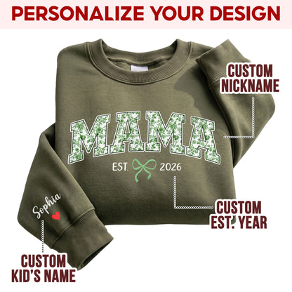 Personalized Mama Green Floral Sweatshirt with Kids Names - Custom Mom Sweatshirt