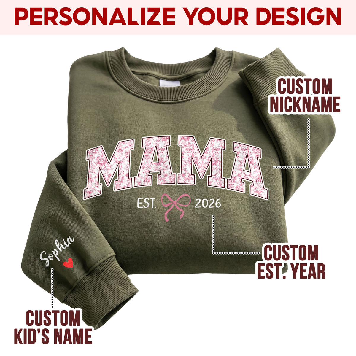 Personalized Mama Pink Floral Sweatshirt with Kids Names - Custom Mom Sweatshirt