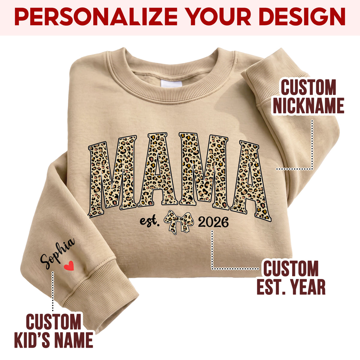 Personalized Mama Leopard Sweatshirt with Est. Year & Kids Names - Custom Mom Sweatshirt