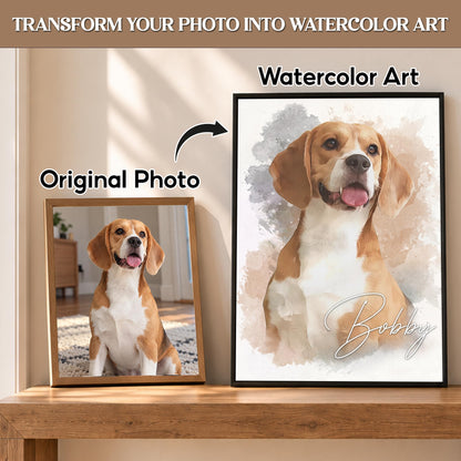 Custom Watercolor Dog Portrait from Photo Beige with Name Canvas - Personalized Wall Art