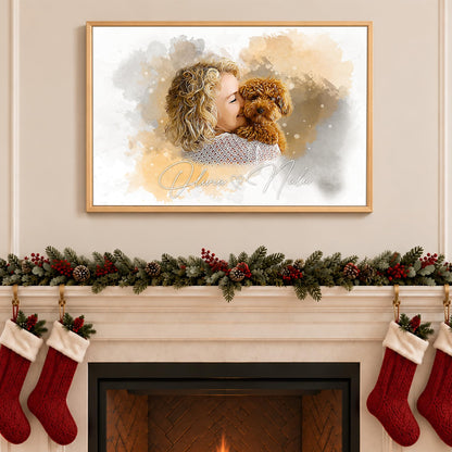 Custom Watercolor Dog Portrait from Photo Beige with Name Canvas - Personalized Wall Art