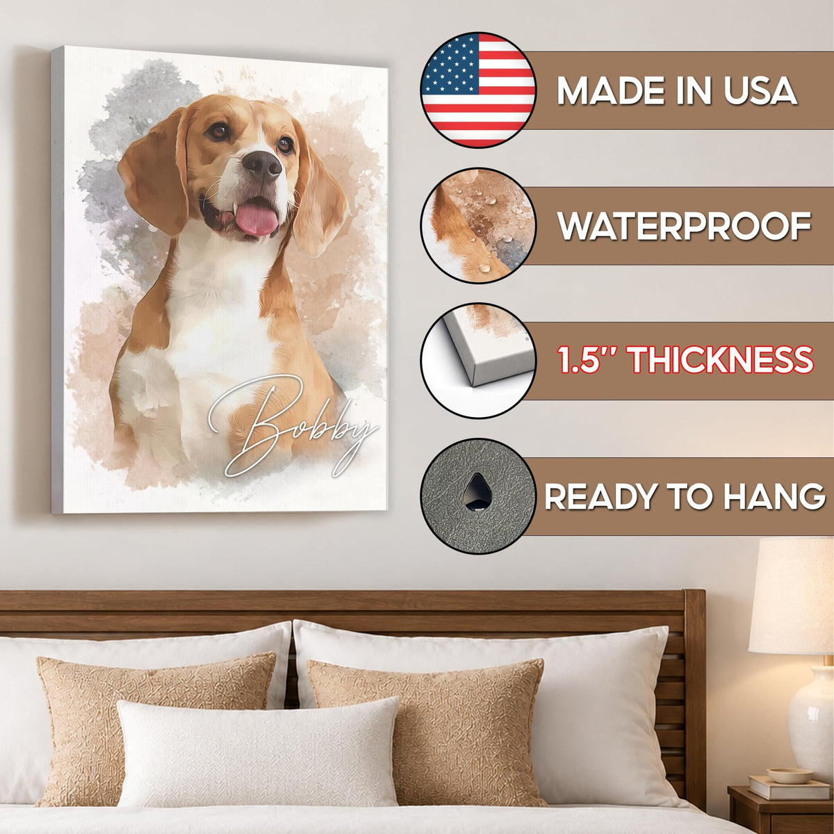 Custom Watercolor Dog Portrait from Photo Beige with Name Canvas - Personalized Wall Art