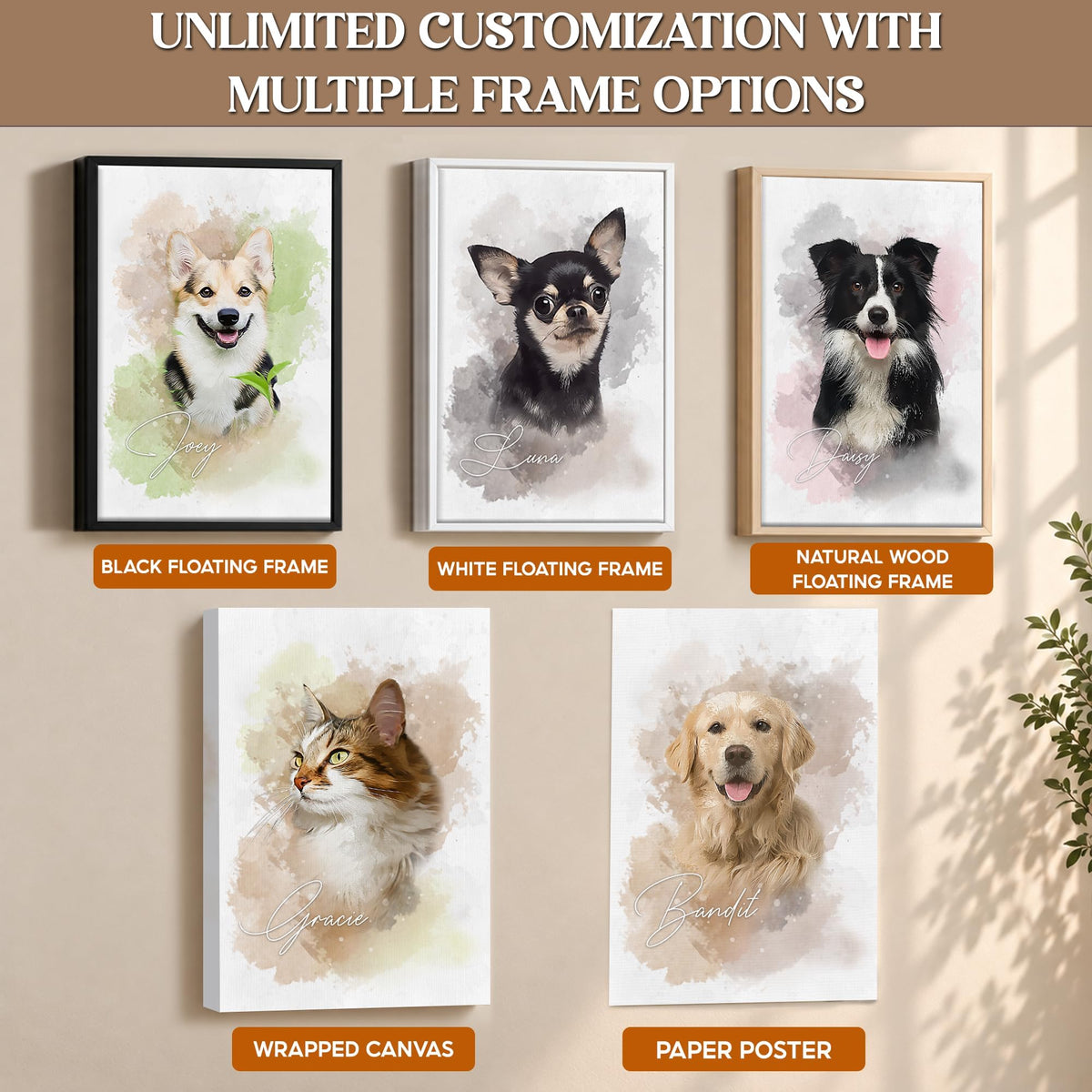 Custom Watercolor Dog Portrait from Photo Beige with Name Canvas - Personalized Wall Art