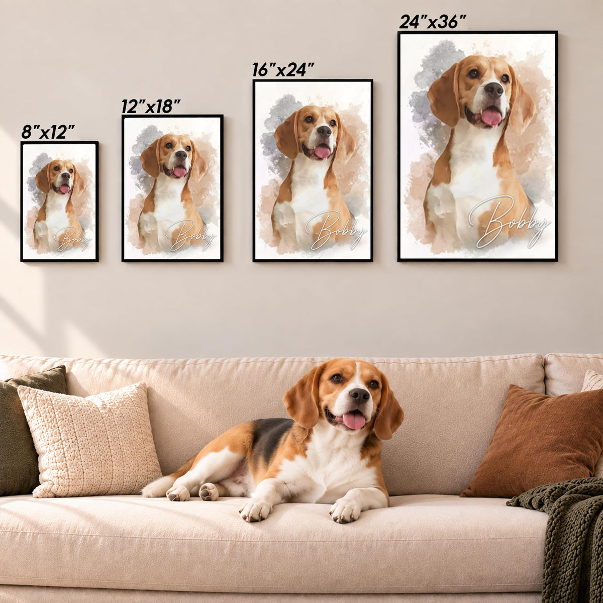 Custom Watercolor Dog Portrait from Photo Beige with Name Canvas - Personalized Wall Art